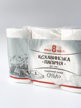 Туалетний папір "Срібло", 3-шар. білий (8 рул/уп) Кохавинська папірня