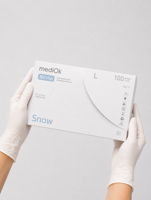 Рукавички нітрилові (розмір L) білі 3,5г mediOk Nitrile Snow, 100 шт