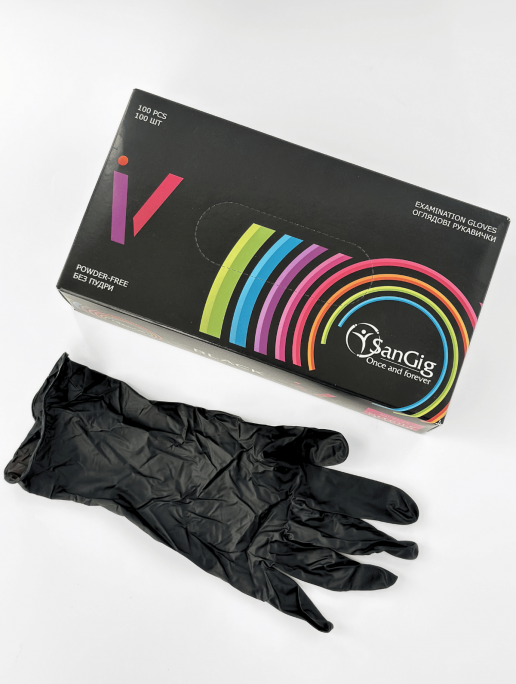 Рукавички нітрилові (розмір XL) чорні 5г SanGig V, 100 шт