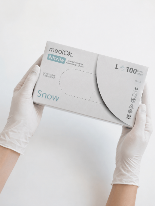 Рукавички нітрилові (розмір L) білі 3,5г mediOk Nitrile Snow, 100 шт